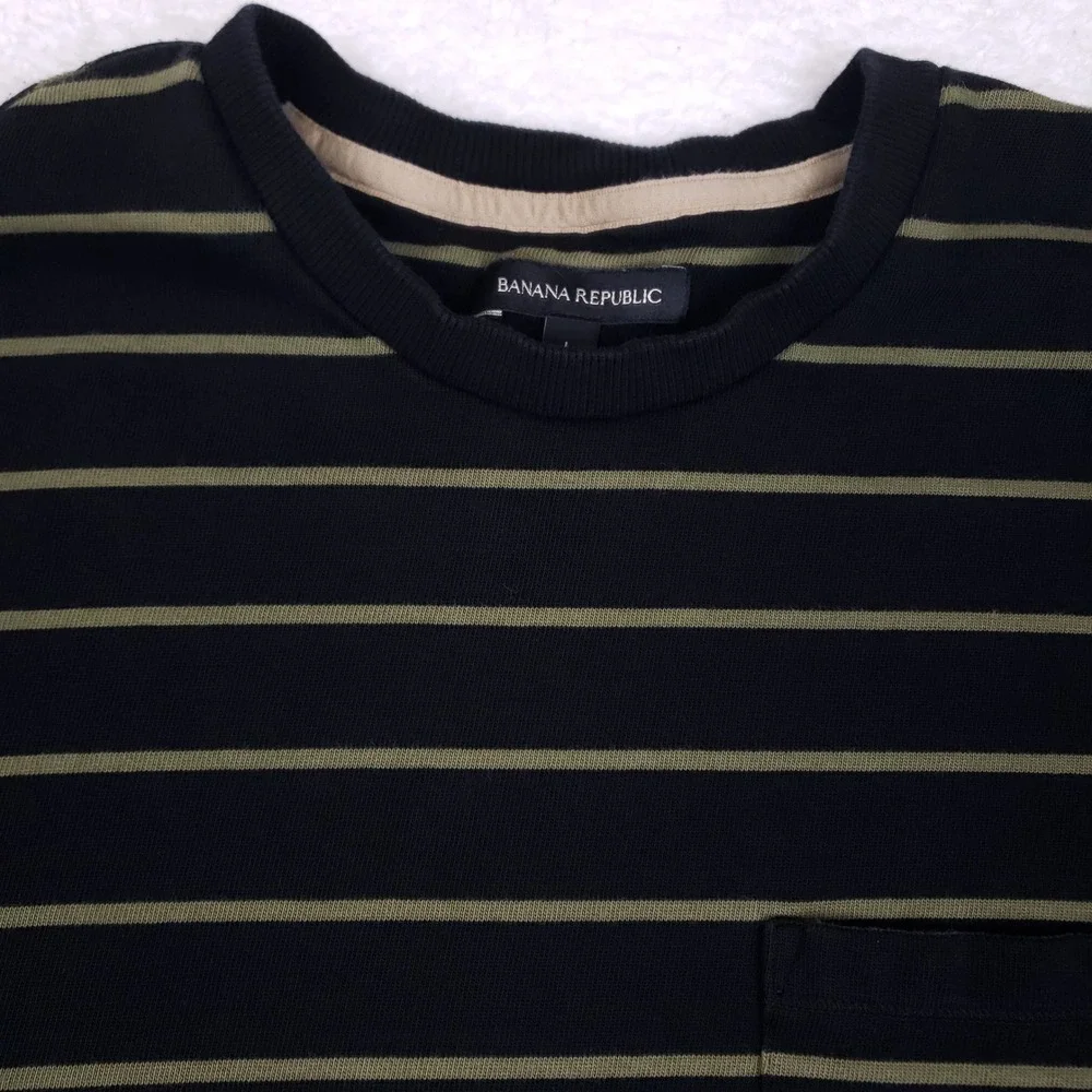 Banana Republic Mens Long Sleeve Relaxed Pocket Tee Striped Navy Olive Large